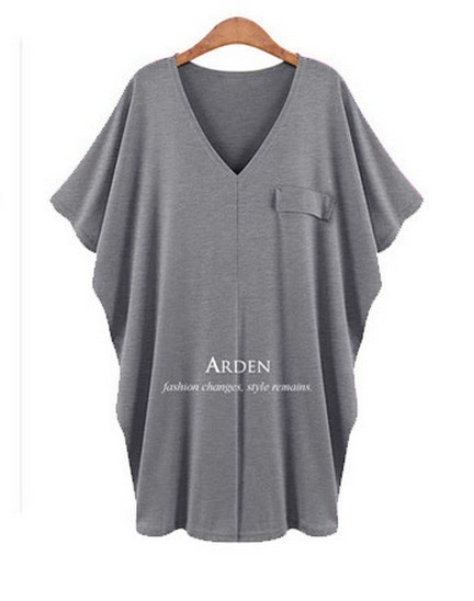 2014 women's dress solid color V -neck single pocket loose bat sleeve T-shirt plus size