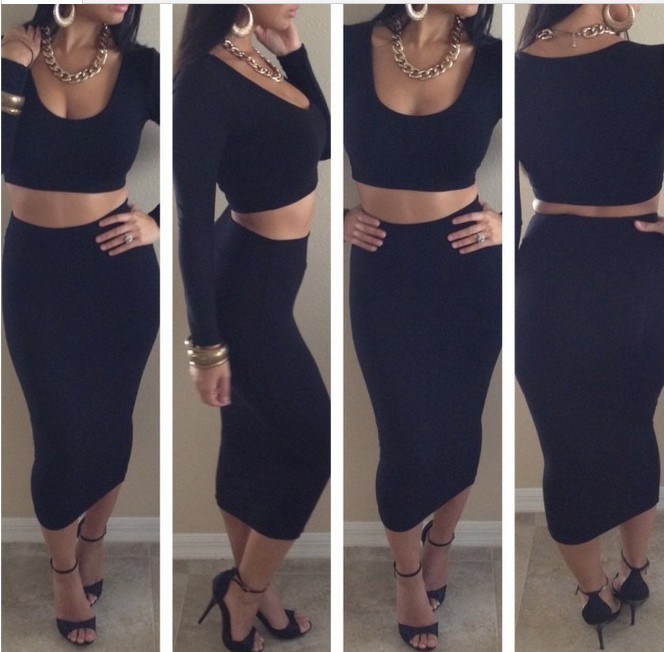 New 2014 Hot girl eveing novelty vestidos Black High Waisted Cropped 2 Piece Casual Bodycon Dress