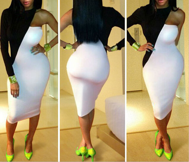 "New 2014 Fashion Long Sleeve One Shoulder Black And White Bodycon Dress "