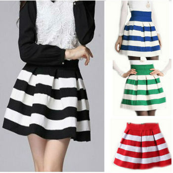 Fashion Wild Womens Girls Retro Flared Hit Color Stitching Striped Mini Skirt Short Skirt JH-SK-001