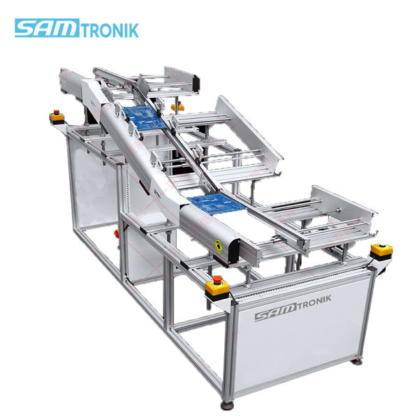 PCB solder outfeed conveyor unloading boards from a wave soldering machine