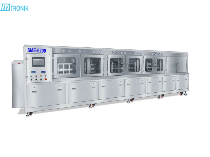 In-line PCBA cleaning machine washing rinsing and drying boards up to 600 mm wide