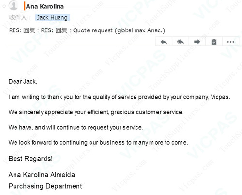 I am writing to thank you for the quality of service provided by your company, Vicpas.