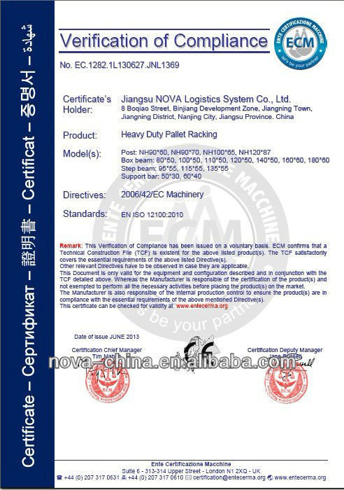 Jiangsu NOVA Storage rack system with CE certificate