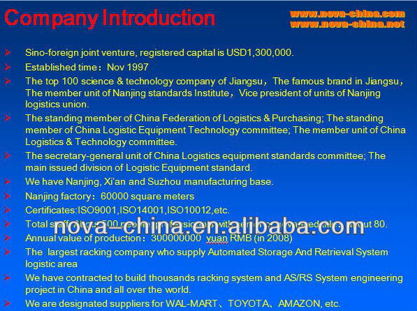 Jiangsu NOVA Warehouse storage rack system 1000kg-3000kg/level