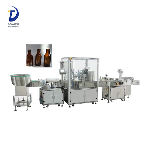 Automatic small glass bottle liquid filling capping and labeling machine