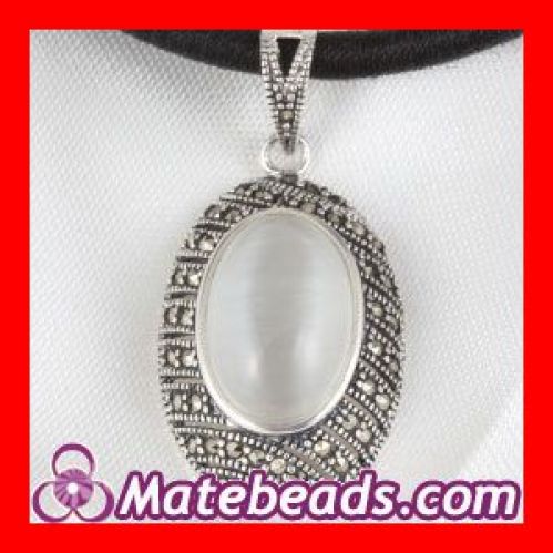Thai Sterling Silver inlay Oval White Opal Marcasite Pendant 