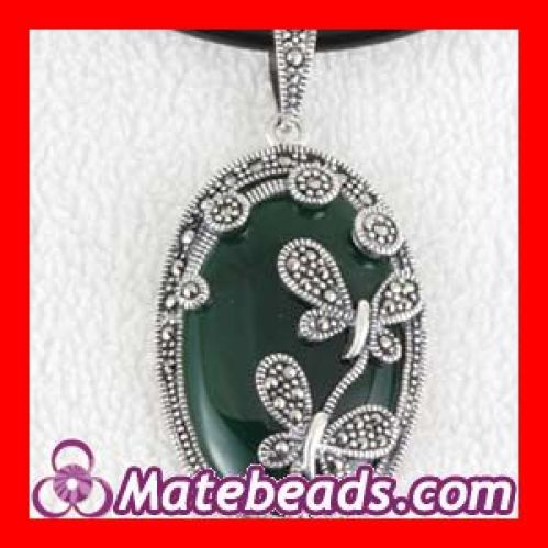 Thai Sterling Silver inlay Green Agate Double Dragonfly Marcasite Pendant 