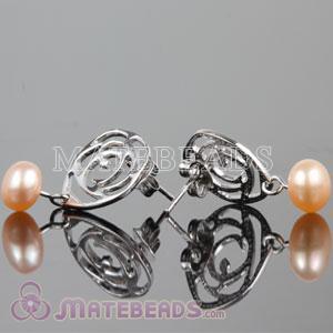 925 Sterling Silver Rhodium Plated Flower Stud Earrings with Freshwater Pearl