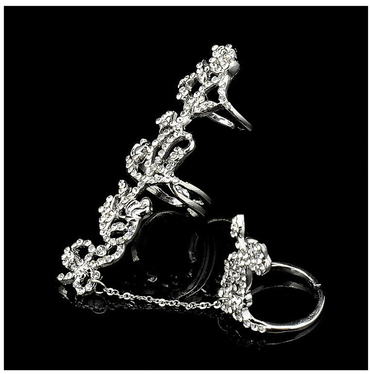 R-1284 Bohemian style silver/gold plated rhinestone hollow out connect finger rings