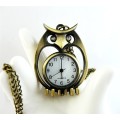 Rhinestone Eye Bronze Owl Quartz Watch Pendant Necklace W-0035