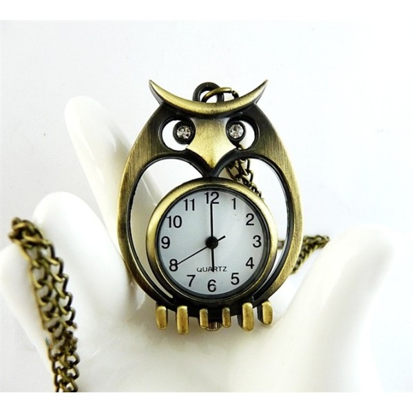 Rhinestone Eye Bronze Owl Quartz Watch Pendant Necklace W-0035