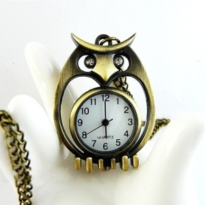 Rhinestone Eye Bronze Owl Quartz Watch Pendant Necklace W-0035