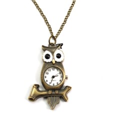 Glazed Eye Bronze Owl Branch Watch Pendant Necklace W-0033