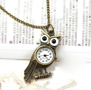 Glazed Eye Bronze Owl Branch Watch Pendant Necklace W-0036-