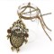 Vintage Style Bronze Flower Rhinestone Owl Circle Pendant Necklace N-2532