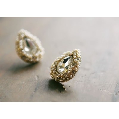 Pair Gold Plated White Beads Rhinestone Drop Ear Stud Earring E-0511