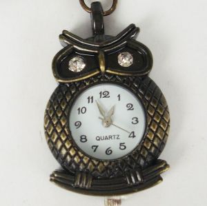 Rhinestone Eye Bronze Owl Branch Watch Pendant Necklace W-0035