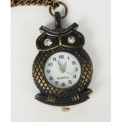 Rhinestone Eye Bronze Owl Branch Watch Pendant Necklace W-0035
