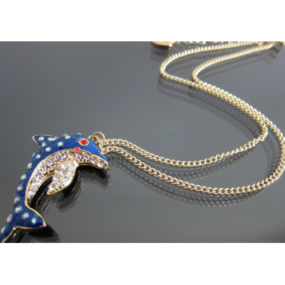 New Coming Gold Plated Rhinestone Dark blue Glazed  dolphin Necklace Earring Set