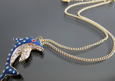 New Coming Gold Plated Rhinestone Dark blue Glazed  dolphin Necklace Earring Set