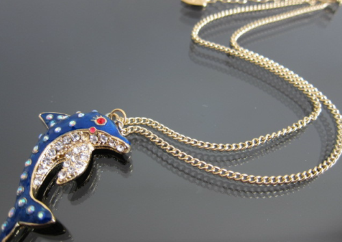 New Coming Gold Plated Rhinestone Dark blue Glazed  dolphin Necklace Earring Set