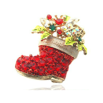 Colorful Red Rhinestone Christmas stocking Gift Pin Brooch P-0090