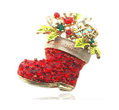 Colorful Red Rhinestone Christmas stocking Gift Pin Brooch P-0090