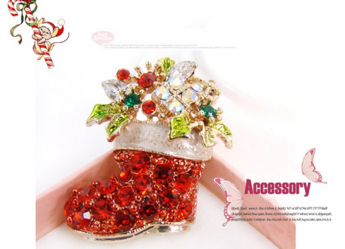 Colorful Red Rhinestone Christmas stocking Gift Pin Brooch P-0090