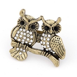 vintage style bronze alloy rhinestone owl ring R-0595