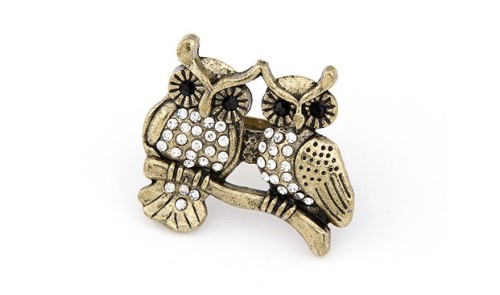 vintage style bronze alloy rhinestone owl ring R-0595
