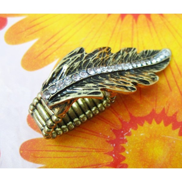 Retro Rhinestone Bronze Metal Leaf Shape Stretch Ring  R-0171