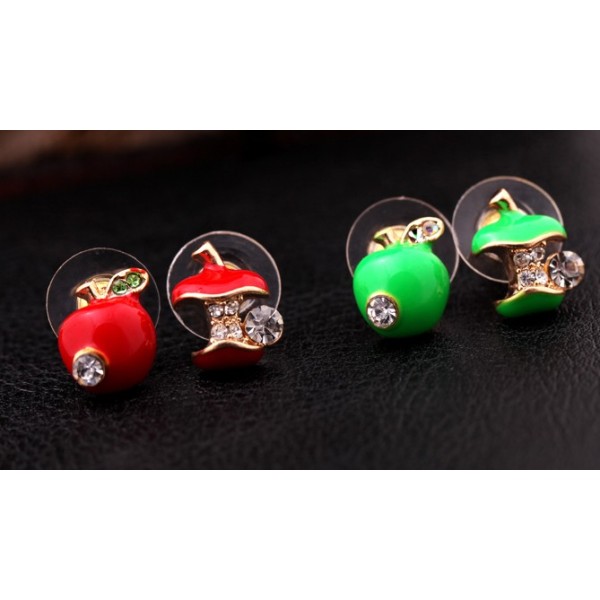New Cute Rhinestone Red/Green Enamel Cartoon Apple Ear Stud Uneven Fruit Earrings  E-0507