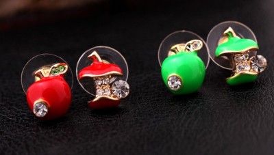 New Cute Rhinestone Red/Green Enamel Cartoon Apple Ear Stud Uneven Fruit Earrings  E-0507