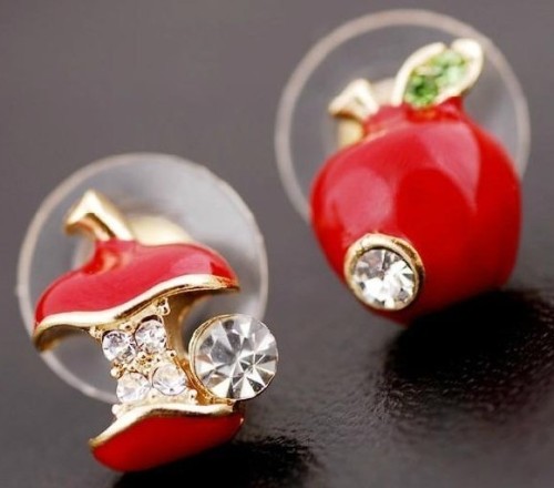 New Cute Rhinestone Red/Green Enamel Cartoon Apple Ear Stud Uneven Fruit Earrings  E-0507
