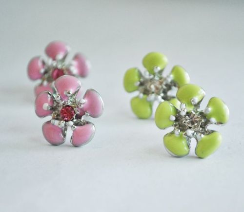 Wholesale 2 Pairs Glazed Pink&Green Flower Ear Stud E-0516