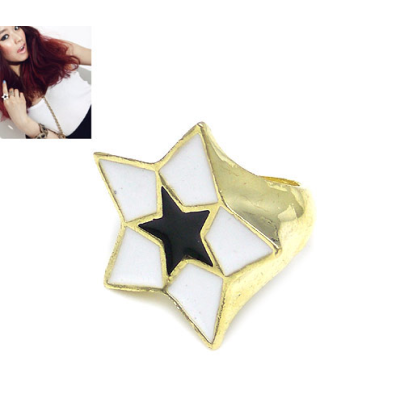 Gold Plated White/Black Glazed Solid Star Ring R-0575-WH