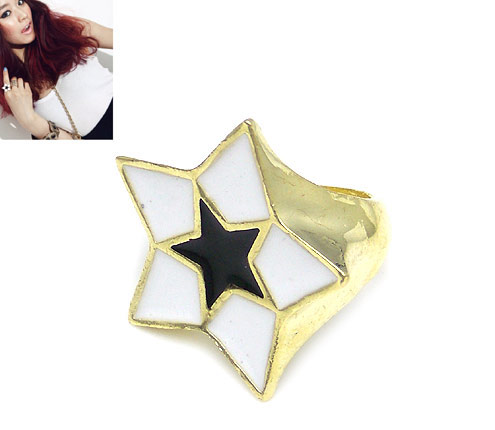 Gold Plated White/Black Glazed Solid Star Ring R-0575-WH