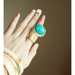 Gold Plated Engraving Big Green Gem Ring R-0805