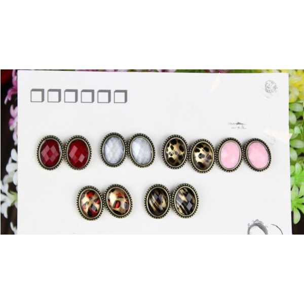 Wholesale 6 pairs 6 Style Vintage Style Ellipse Gem Earrings Ear Stud  E-0034,E-0036