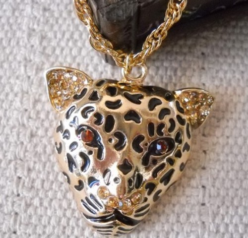 N-3262 Rhinestone Gold Plated Leopard Head Necklace Pendant