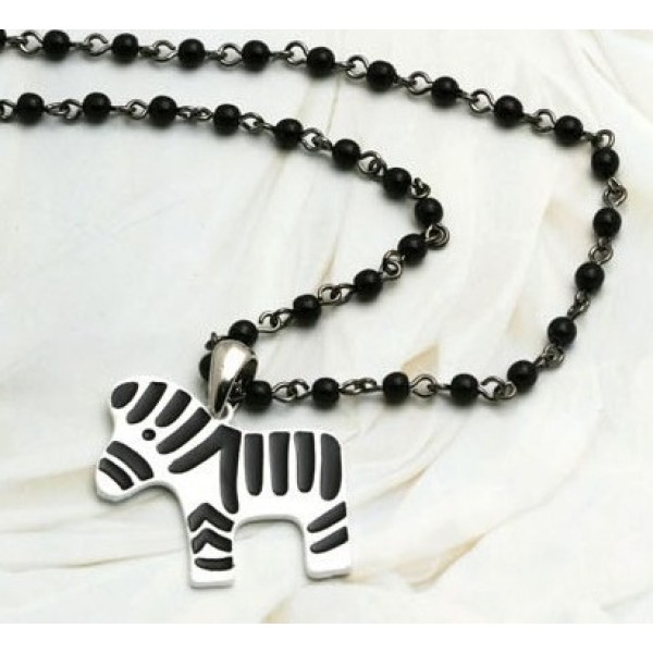 Korean Style Zebra Black Beads Long Necklace N-3293