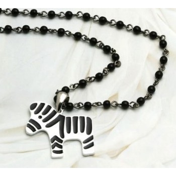 Korean Style Zebra Black Beads Long Necklace N-3293