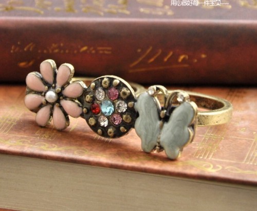 Vintage Style Glazed Rhinestone Cute Flower Butterfly ring S-0009-R