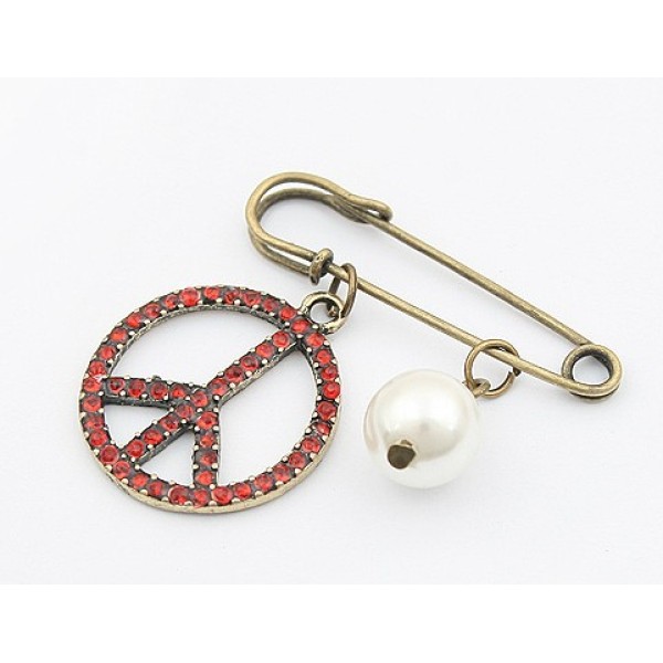 Retro New Red Rhinestone Peace Symbol Pearl Pin Brooch P-0028