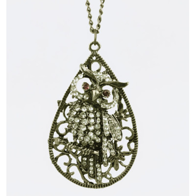 Retro Drip Crystal Branch Owl Necklace Pendant N-2527