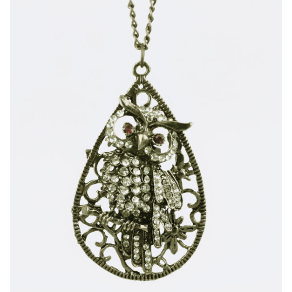 Retro Drip Crystal Branch Owl Necklace Pendant N-2527