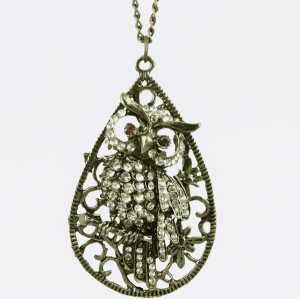 Retro Drip Crystal Branch Owl Necklace Pendant N-2527