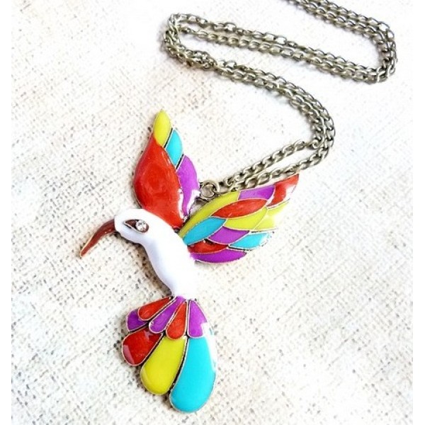 Vintage Style Animal Jewelry Colorful Enamel Fly Bird Pendant Necklace N-3366
