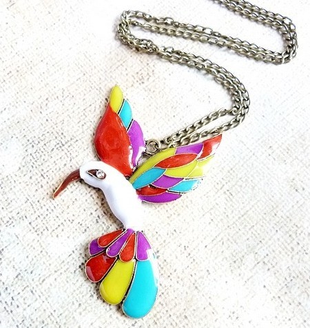 Vintage Style Animal Jewelry Colorful Enamel Fly Bird Pendant Necklace N-3366